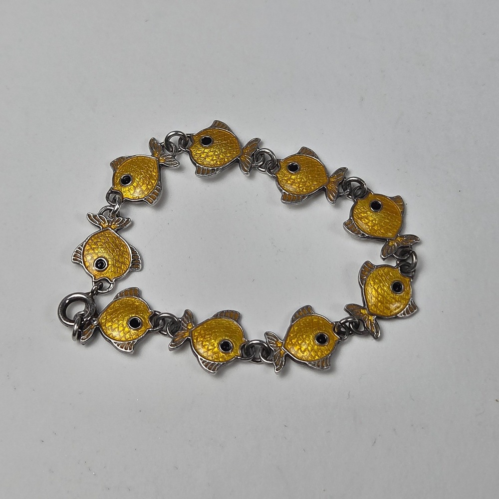 Vintage Danish Sterling Silver Yellow Guilloche Enamel Fish Bracelet 6.5"